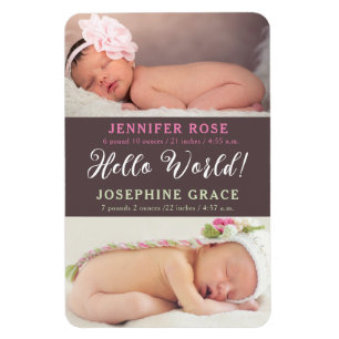 Ímã Olá Mundo! Anúncio de nascimento de gêmeos de foto