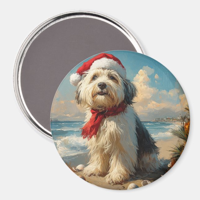 Imã Old English Sheepdog Christmas Vintage Beach (Front/Back)
