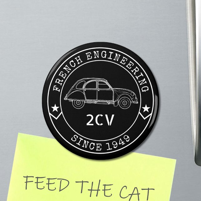 Imã Oldtimer 2CV Abzeichen Engineering Emblem (2CV Magnet in Black with a White Badge Text Design and and Illustration of the Deux Chevaux )
