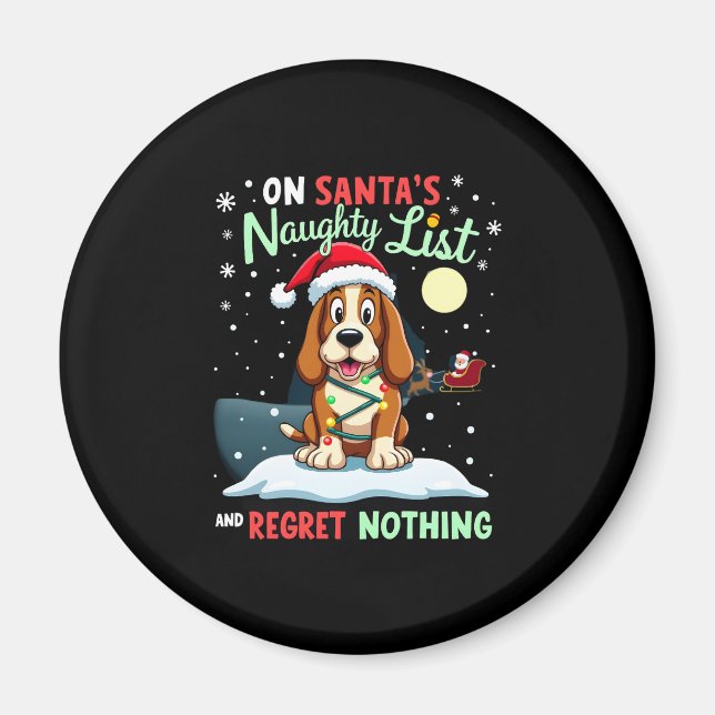 Imã On Santa's Xmas Naughty List Regret Nothing Basset (Frente)