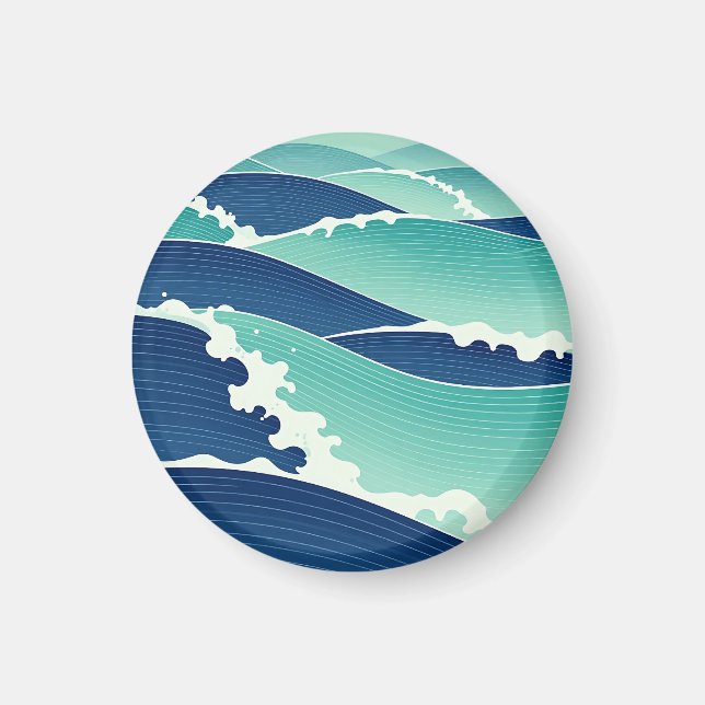 Imã Ondas do Oceano Azul Turquesa Estilo Japonês (Frente)