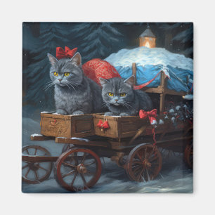 Imã Oriental Blue Cat Snowy Sleigh Decência de Natal