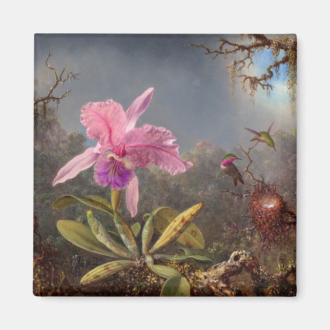 Imã Orquídea Cattleya e três beija-flores por Heade (Frente)