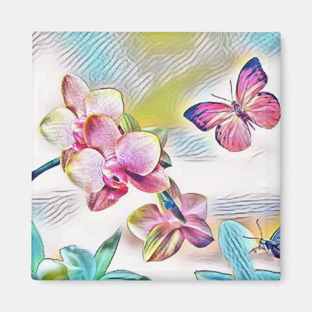 Imã Orquídeas, flores e borboletas cor-de-rosa (Frente)