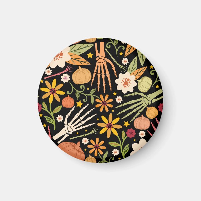 Imã Ossos de Halloween, padrão floral uniforme. (Frente)