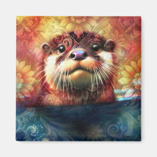 Imã Otter Abstrato Floral Teal Laranja Vermelho Laranj