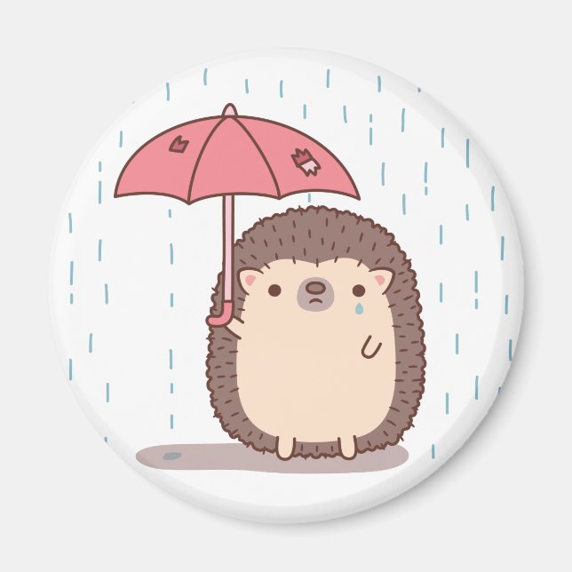 Imã ouriço triste na chuva com guarda-chuva rasgado (Frente)