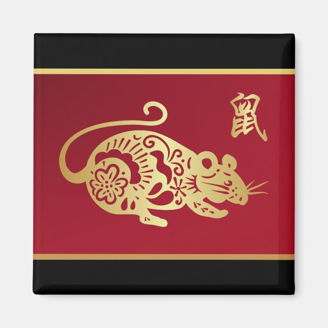 Imã Ouro chinês Rat em preto e vermelho (Frente)