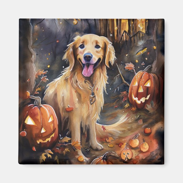 Imã Ouro De Halloween Retriever Com Pumpkins Assustado (Frente)