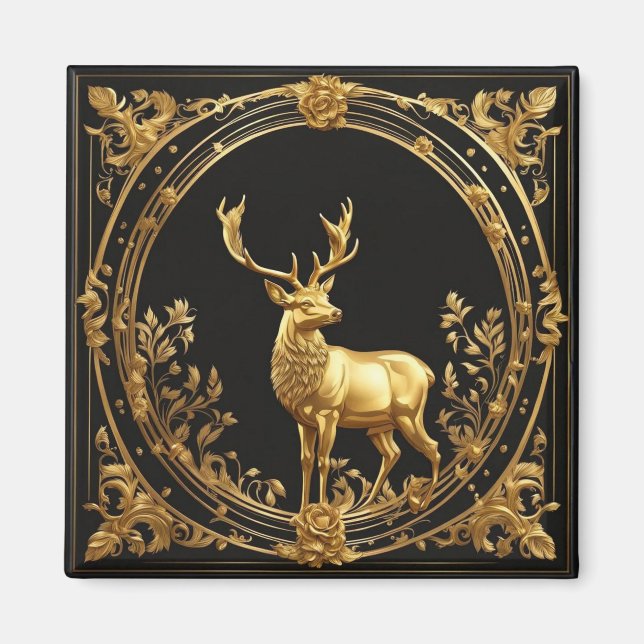Imã Ouro de renas Dourado e quadro ornamental negro (Frente)