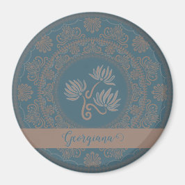 Imã Ouro Personalizado Teal Rococo Lotus Dot Mandala