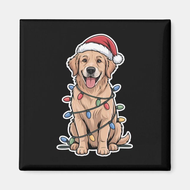 Imã Ouro Retriever Embalado Em Luzes De Natal (Frente)