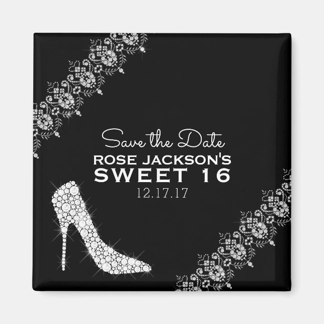 Imã Ouros Stiletto Heels Sweet 16 Save the Date B&W (Frente)