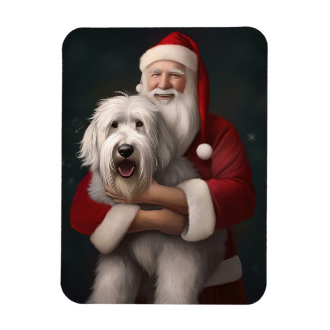 Ímã Ovelha Cachorro Inglês com Papai Noel Festivo (Vertical)
