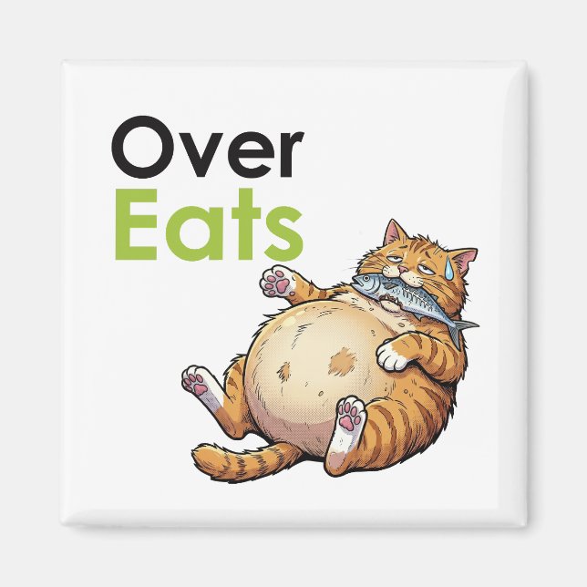 Imã Over Eats - Funny Fat Cat Eating Fish Cartoon (Frente)