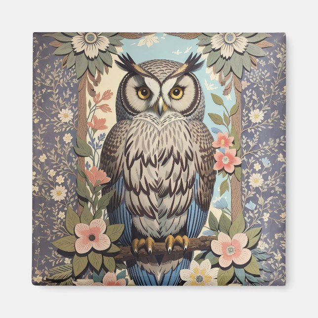 Imã Owl Pastel Floral William Morris Inspirado (Frente)