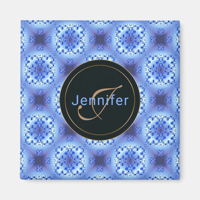 Imã Padrão abstrato geométrico azul. (Frente)