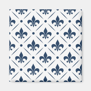 Imã Padrão azul escuro Fleur De Lis sobre fundo branco