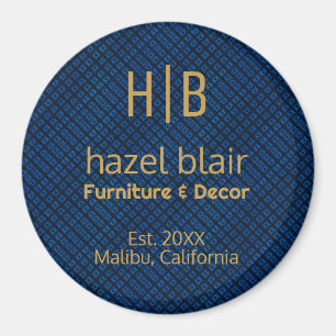 Imã Padrão Azul Minimalista Dourado Monograma Comercia