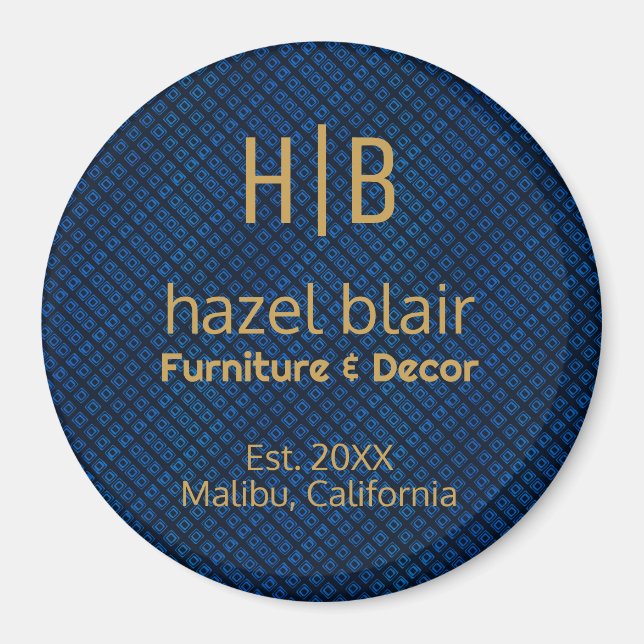 Imã Padrão Azul Minimalista Dourado Monograma Comercia (Frente)