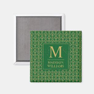 Imã Padrão Damask Seamless Verde Esmeralda e Dourado