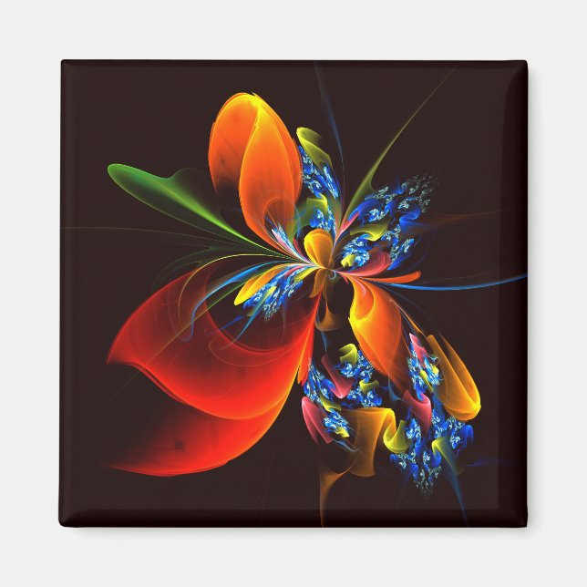 Imã Padrão de Abstrato de Arte Floral Azul Laranja Mod (Frente)