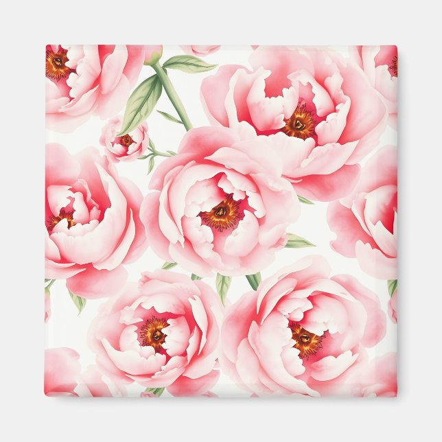 Imã Padrão de aquarela de flores de peônia rosa (Frente)