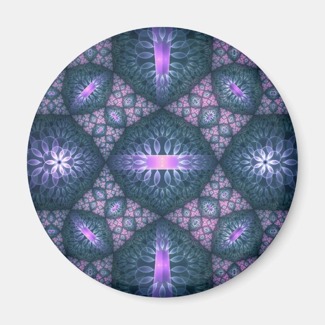 Imã Padrão de Arte Fractal 3D Turquesa Rosa Roxo (Frente)