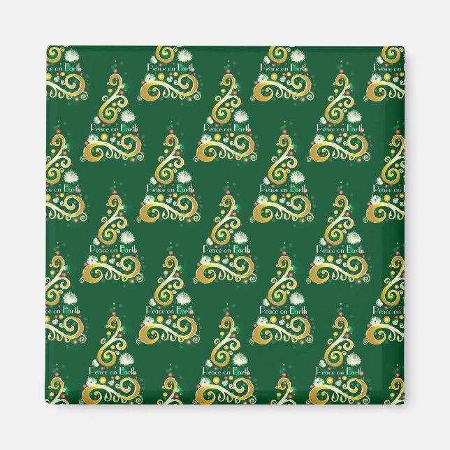 Imã Padrão de árvore de Natal abstrato verde e dourado (Frente)
