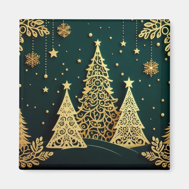 Imã Padrão de Árvore de Natal Dourada Elegante (Frente)