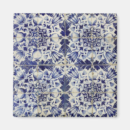 Imã Padrão de Azulejo Branco Geométrico Azul Vintage