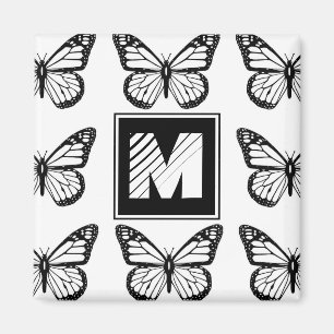 Imã Padrão de Borboleta Preto e Branco Monograma