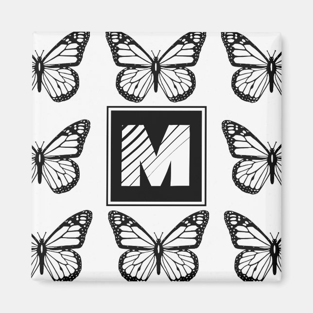 Imã Padrão de Borboleta Preto e Branco Monograma (Frente)