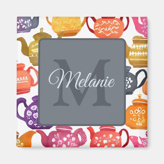 Imã Padrão de bule de chá aquarela personalizado com m (Frente)