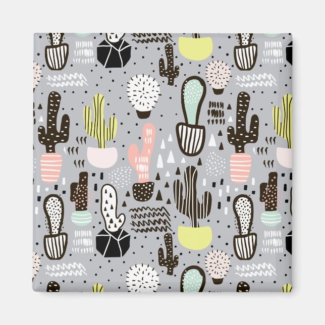 Imã Padrão de Cactus Texturizado Desenhado À Mão (Frente)