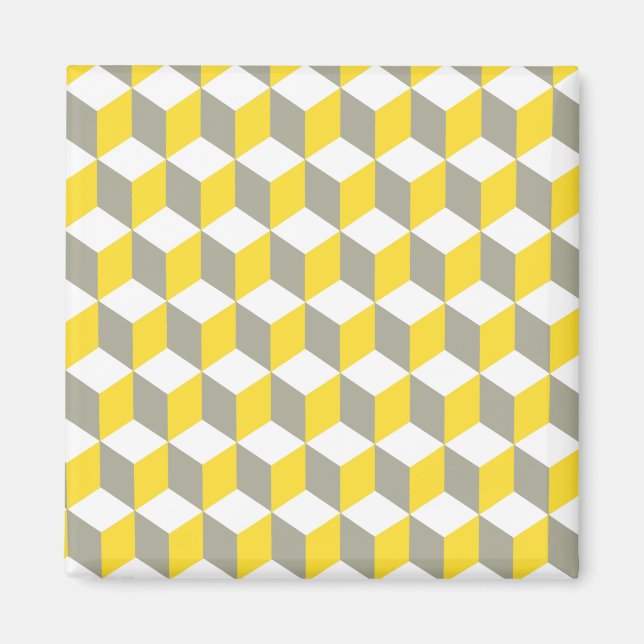 Imã Padrão de Cubo Isométrico Cinza e Branco Mostarda (Frente)