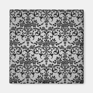 Imã Padrão de damasco floral branco prateado e preto