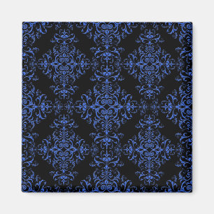 Imã Padrão de estilo damasco floral azul e preto elega