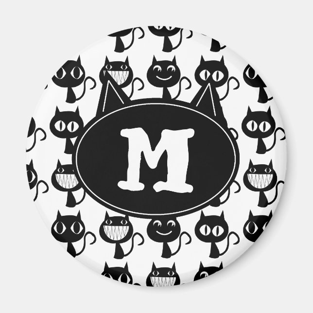 Imã Padrão de Expressões de Gatos Pretos para Monogram (Frente)