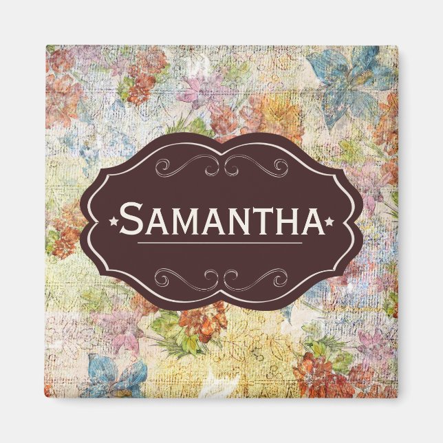 Imã Padrão de Flor Distressed Vintage Personalizado (Frente)