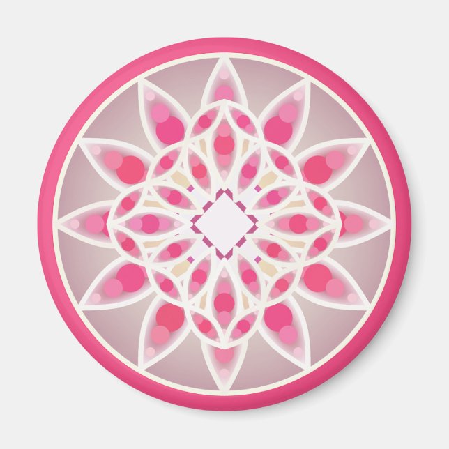 Imã Padrão de Mandala em rosa-quente, branco e cinzas (Frente)