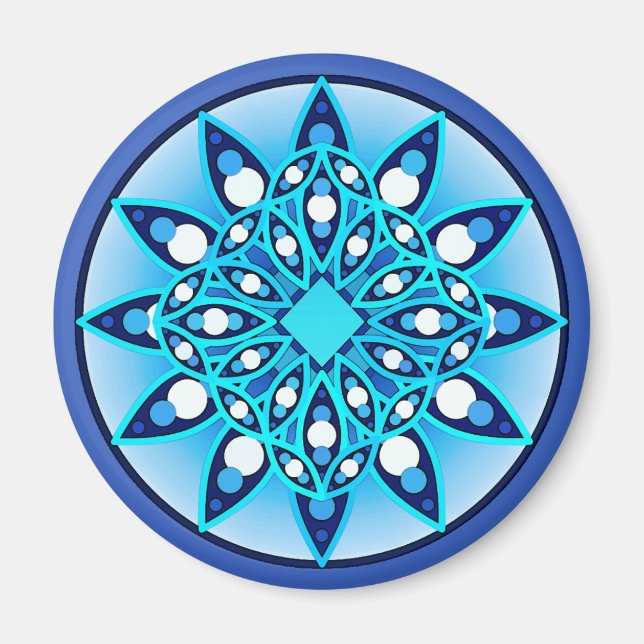 Imã Padrão de mandala em turquesa, cobalto e branco (Frente)