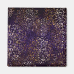 Imã Padrão de Mandala Floral Elegante, Dourado e Roxo