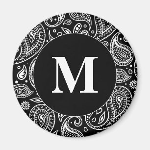 Imã Padrão de Paisley Floral Branco e Preto do Monogr