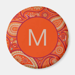 Imã Padrão de Paisley Laranja Rebuscado Monograma