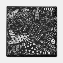 Imã Padrão de Peixes Preto e Branco Arte Moderna