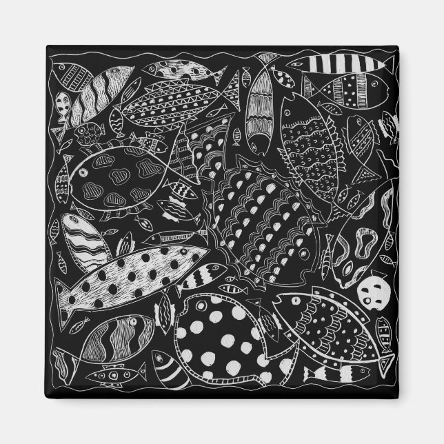 Imã Padrão de Peixes Preto e Branco Arte Moderna (Frente)