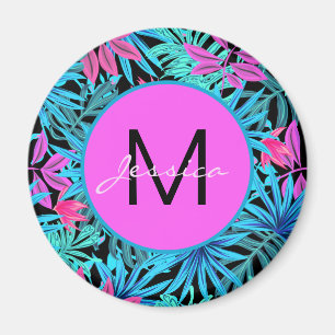 Imã Padrão de planta tropical azul rosa néon personali