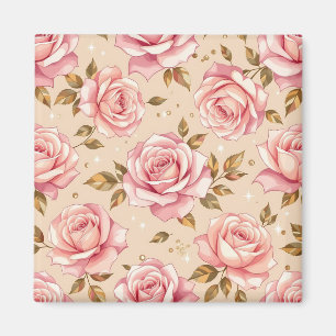 Imã Padrão de Rosas Cor-de-Rosa Folhas Douradas