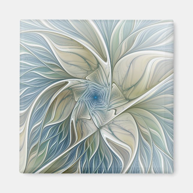 Imã Padrão de Sonho Floral Abstrato Azul Khaki Fractal (Frente)